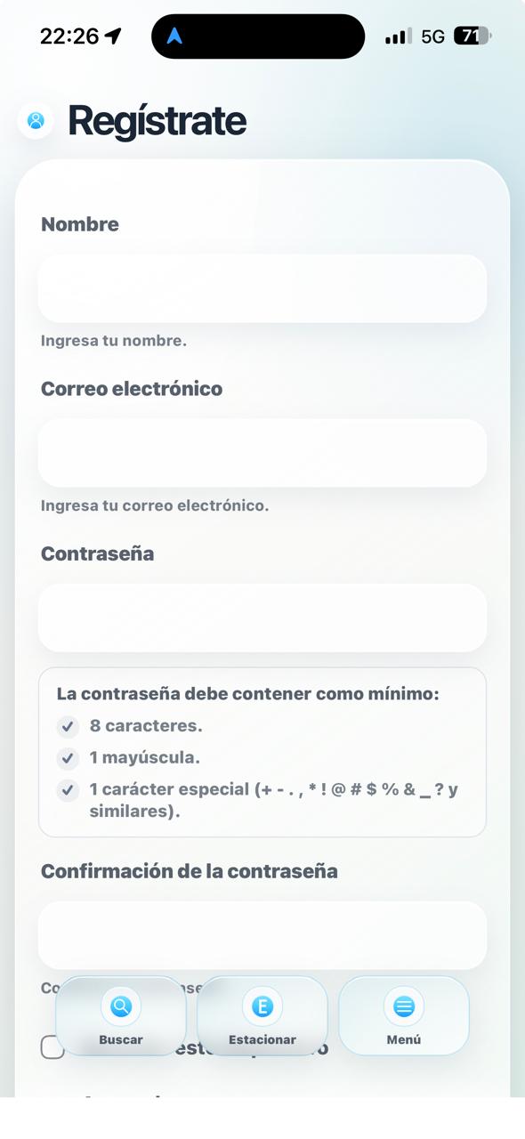 Registro de una nueva cuenta en Llegué App